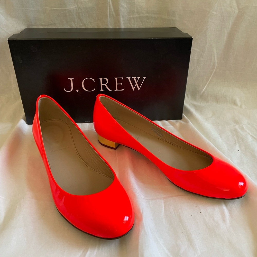 Neon Orange Patent J Crew block heel flats